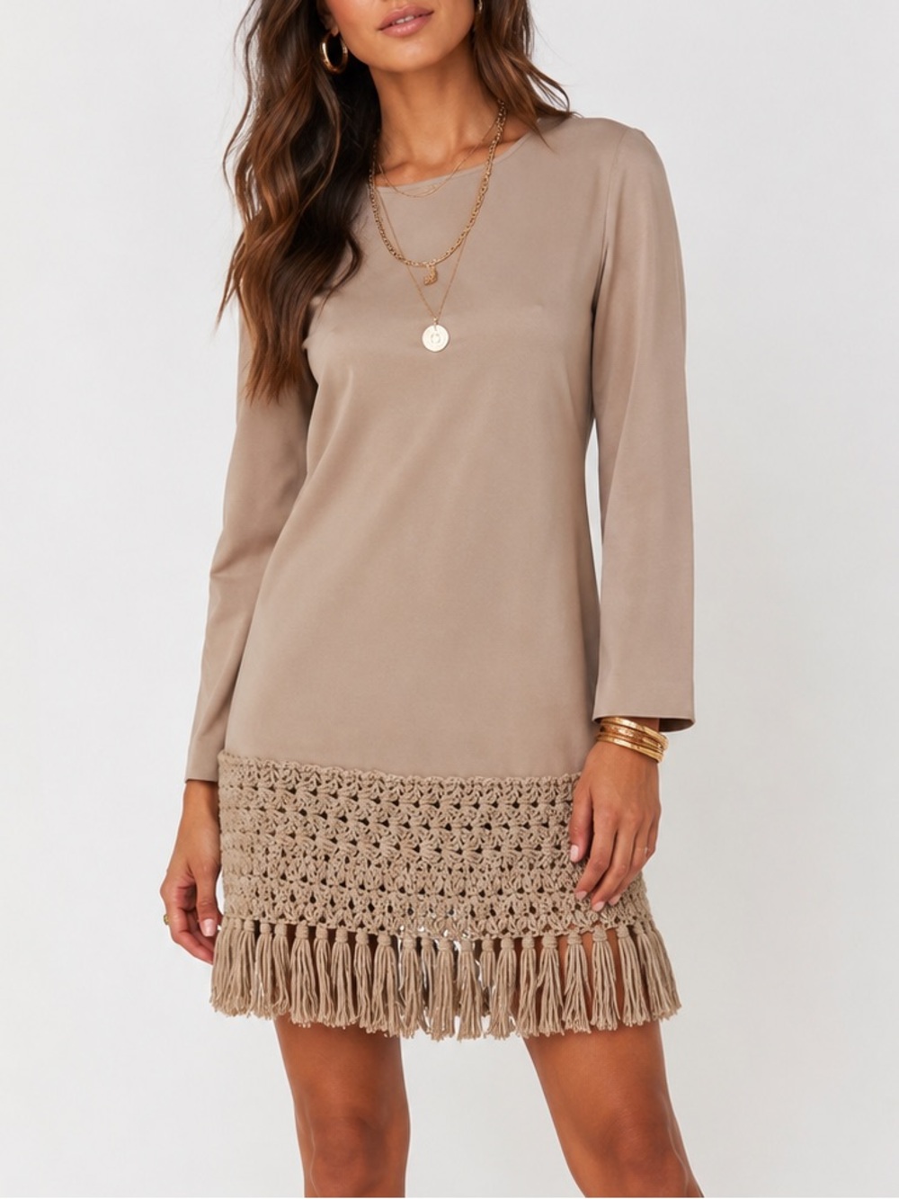 Trina Turk Tan Knit Boho Crochet Fringe Flapper Long Sleeve Dress Size 8